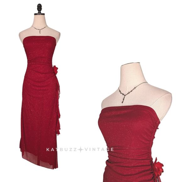 Vintage Prom Dress Maxi Gown M Red Y2K Strapless Mesh Ruffle Fairy Glam Stretch - Picture 1 of 12
